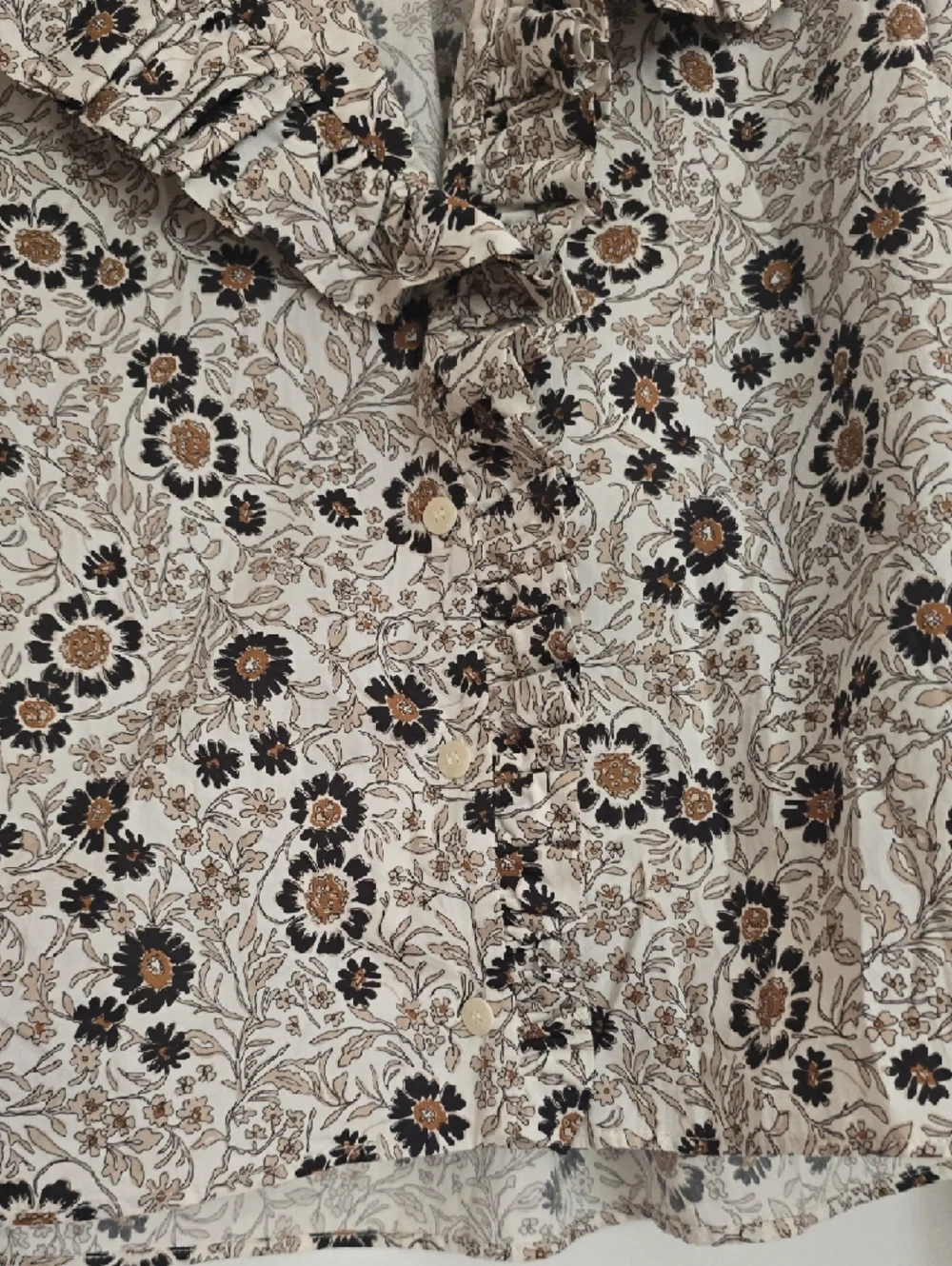Zara Cream Floral Ruffle Blouse with Brown Accents